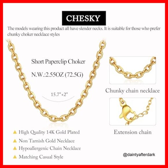 14K Gold Plated Chunky Paperclip Chain Necklace Waterproof Statement Choker - Picture 6 of 7